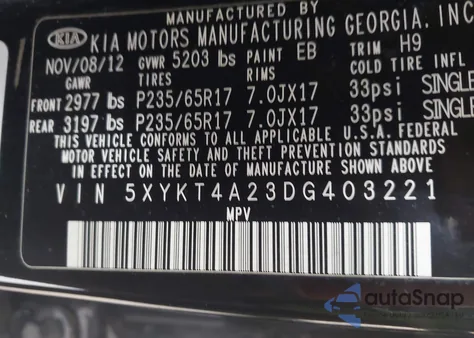 2013 Kia Sorento Lx V6 from USA, damaged, VIN 5XYKT4A23DG403221